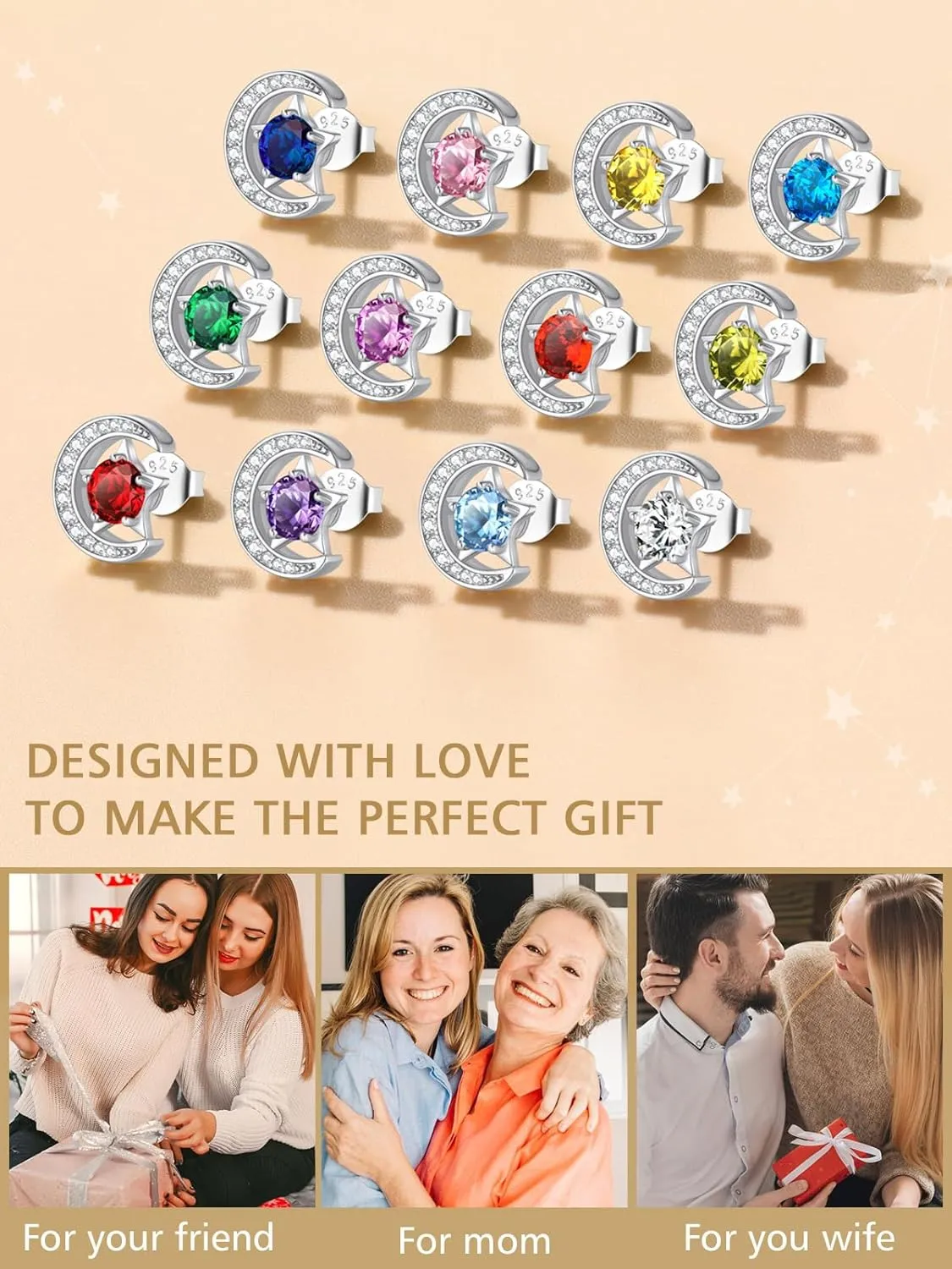 FindChic Sterling Silver Moon Star Earrings with 12 Birthstones Cubic Zirconia Inlaid Birthday Jewelry Gift for Daughter Mother, with Gift Box