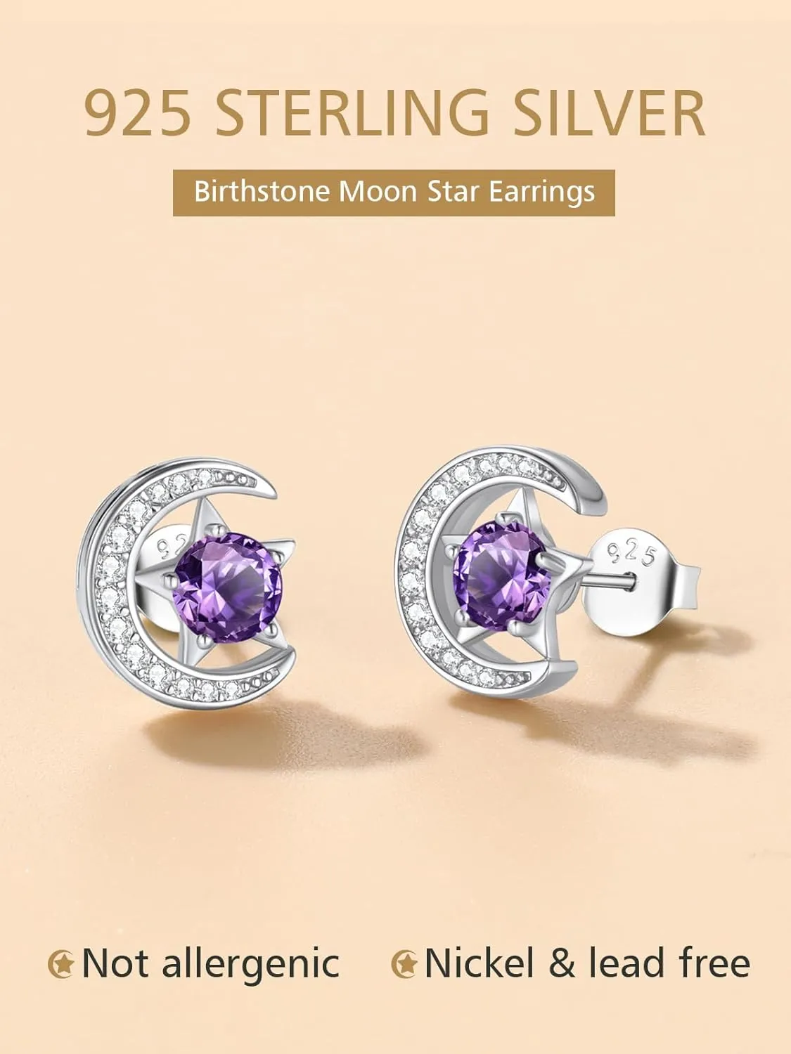 FindChic Sterling Silver Moon Star Earrings with 12 Birthstones Cubic Zirconia Inlaid Birthday Jewelry Gift for Daughter Mother, with Gift Box