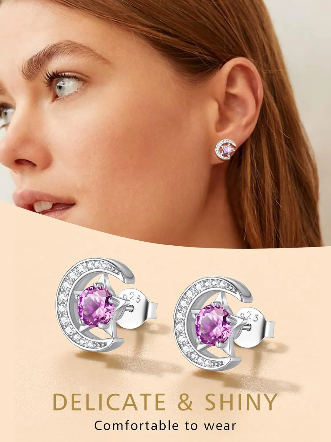FindChic Sterling Silver Moon Star Earrings with 12 Birthstones Cubic Zirconia Inlaid Birthday Jewelry Gift for Daughter Mother, with Gift Box
