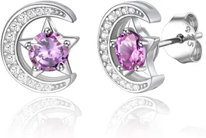 FindChic Sterling Silver Moon Star Earrings with 12 Birthstones Cubic Zirconia Inlaid Birthday Jewelry Gift for Daughter Mother, with Gift Box