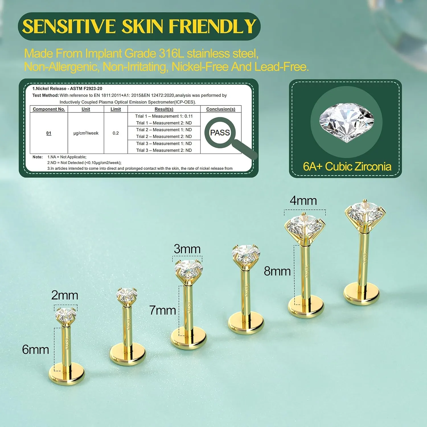 Flat Back Earrings Studs - 14K Gold Filled Internal Thread Stud 18G 16G Piercing Jewelry for Cartilage Helix Tragus Hypoallergenic Labret Lip Conch Nose Rings 316L Stainless Steel Stud for Women Men