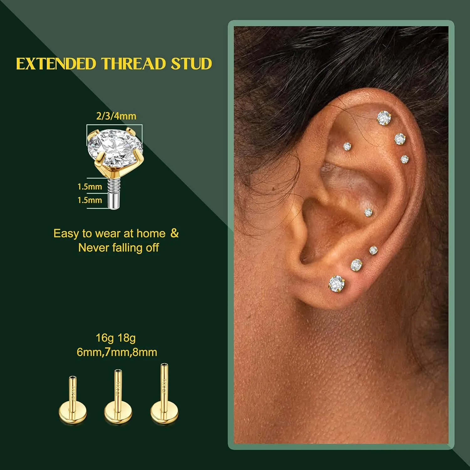 Flat Back Earrings Studs - 14K Gold Filled Internal Thread Stud 18G 16G Piercing Jewelry for Cartilage Helix Tragus Hypoallergenic Labret Lip Conch Nose Rings 316L Stainless Steel Stud for Women Men