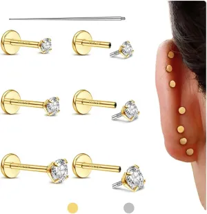 Flat Back Earrings Studs - 14K Gold Filled Internal Thread Stud 18G 16G Piercing Jewelry for Cartilage Helix Tragus Hypoallergenic Labret Lip Conch Nose Rings 316L Stainless Steel Stud for Women Men