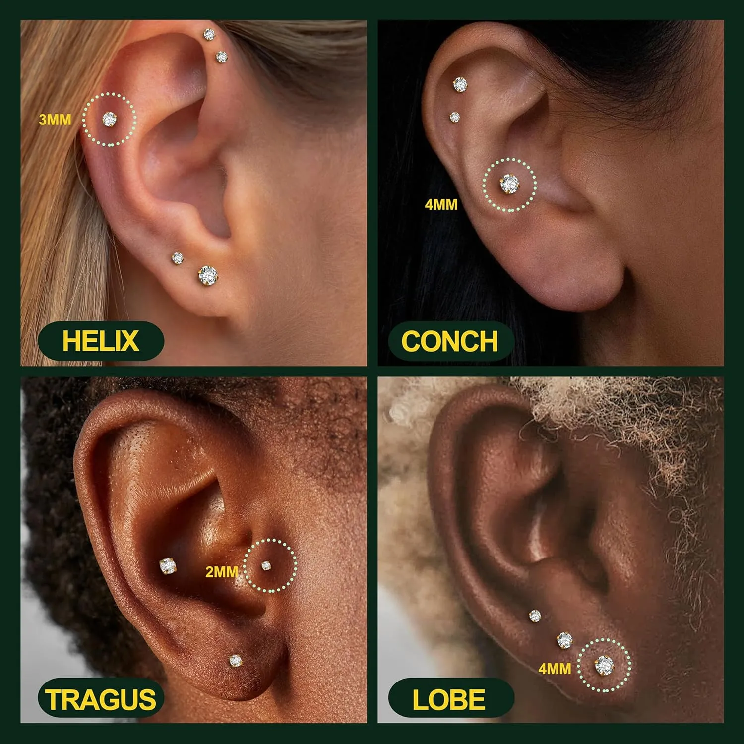 Flat Back Earrings Studs - 14K Gold Filled Internal Thread Stud 18G 16G Piercing Jewelry for Cartilage Helix Tragus Hypoallergenic Labret Lip Conch Nose Rings 316L Stainless Steel Stud for Women Men