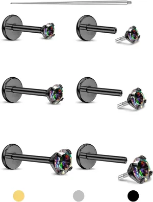 Flat Back Earrings Studs - 14K Gold Filled Internal Thread Stud 18G 16G Piercing Jewelry for Cartilage Helix Tragus Hypoallergenic Labret Lip Conch Nose Rings 316L Stainless Steel Stud for Women Men