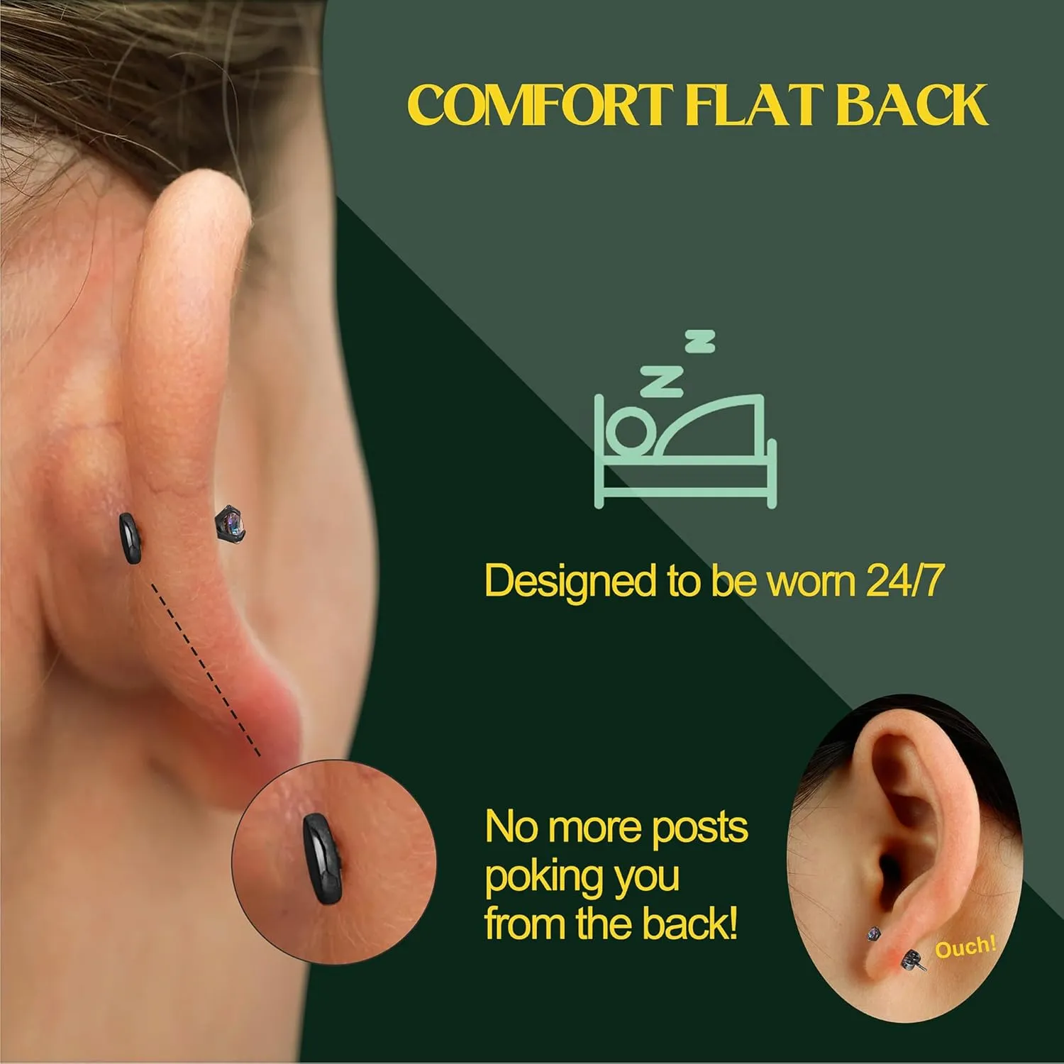 Flat Back Earrings Studs - 14K Gold Filled Internal Thread Stud 18G 16G Piercing Jewelry for Cartilage Helix Tragus Hypoallergenic Labret Lip Conch Nose Rings 316L Stainless Steel Stud for Women Men