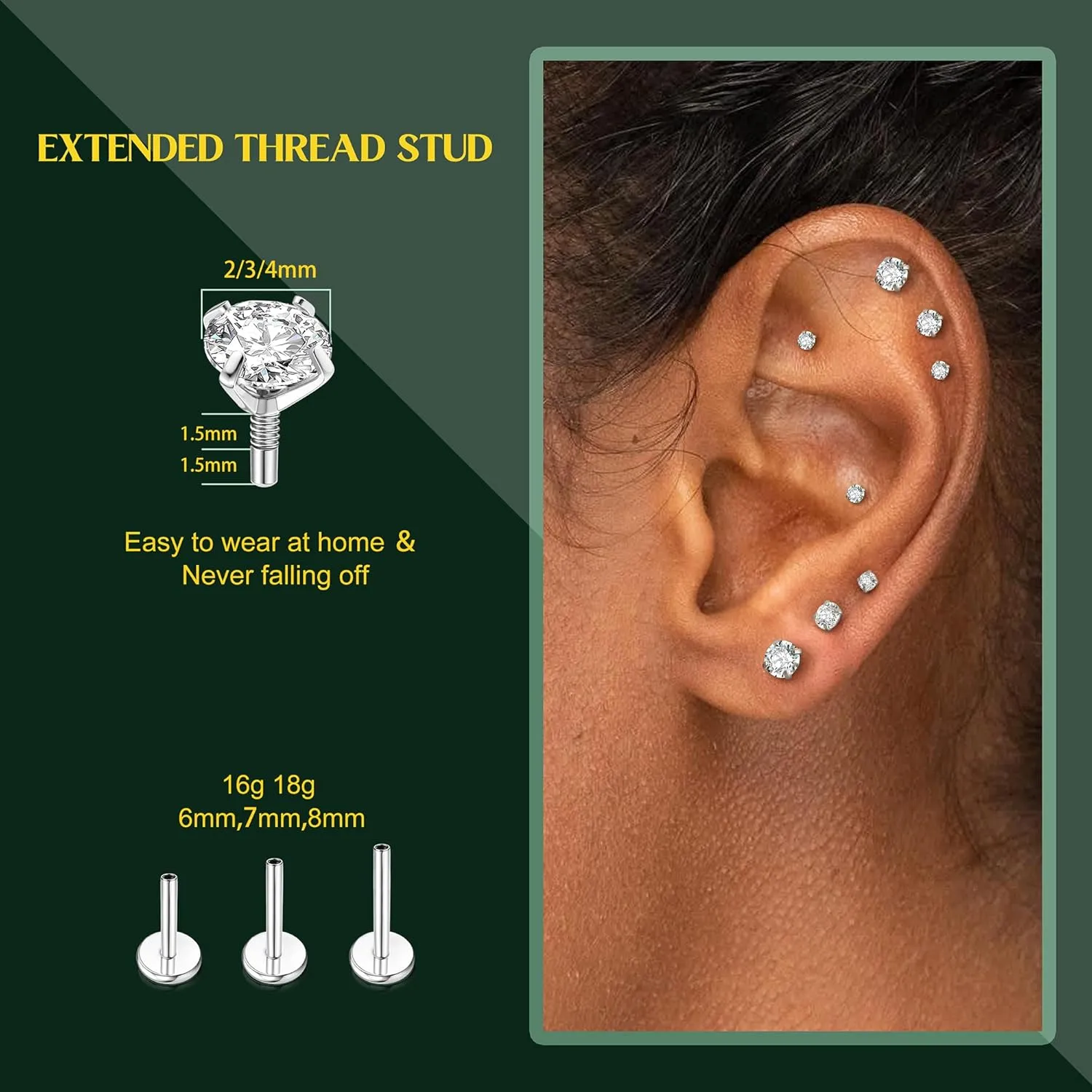 Flat Back Earrings Studs - 14K Gold Filled Internal Thread Stud 18G 16G Piercing Jewelry for Cartilage Helix Tragus Hypoallergenic Labret Lip Conch Nose Rings 316L Stainless Steel Stud for Women Men