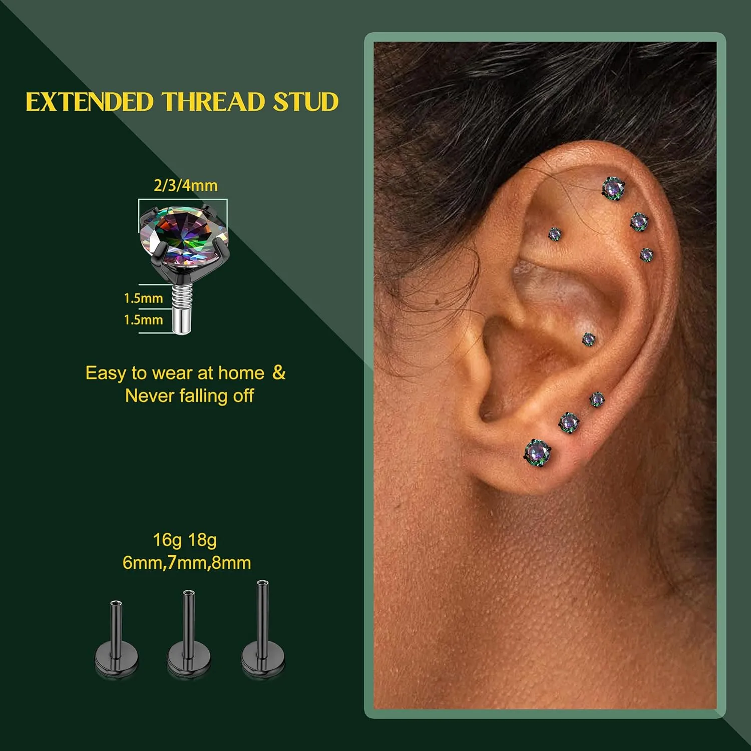 Flat Back Earrings Studs - 14K Gold Filled Internal Thread Stud 18G 16G Piercing Jewelry for Cartilage Helix Tragus Hypoallergenic Labret Lip Conch Nose Rings 316L Stainless Steel Stud for Women Men
