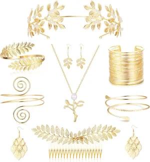 Florideco 9 Pcs Greek Goddess Costume Accessories Set for Women Golden Laurel Leaf Crown Headband Upper Arm Coil Bracelet Pearl Leaf Dangle Earring Artificial Pearl Earrings Necklace Bridal Wedding
