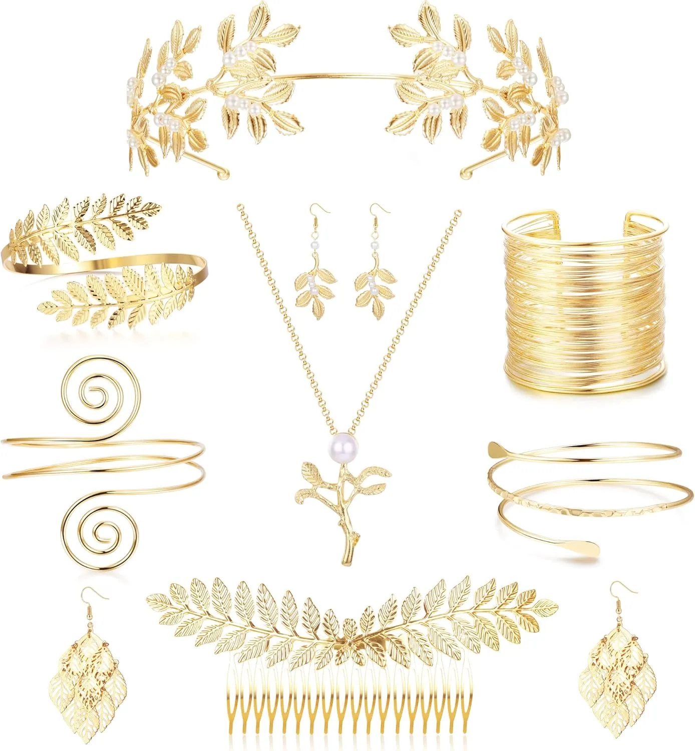 Florideco 9 Pcs Greek Goddess Costume Accessories Set for Women Golden Laurel Leaf Crown Headband Upper Arm Coil Bracelet Pearl Leaf Dangle Earring Artificial Pearl Earrings Necklace Bridal Wedding