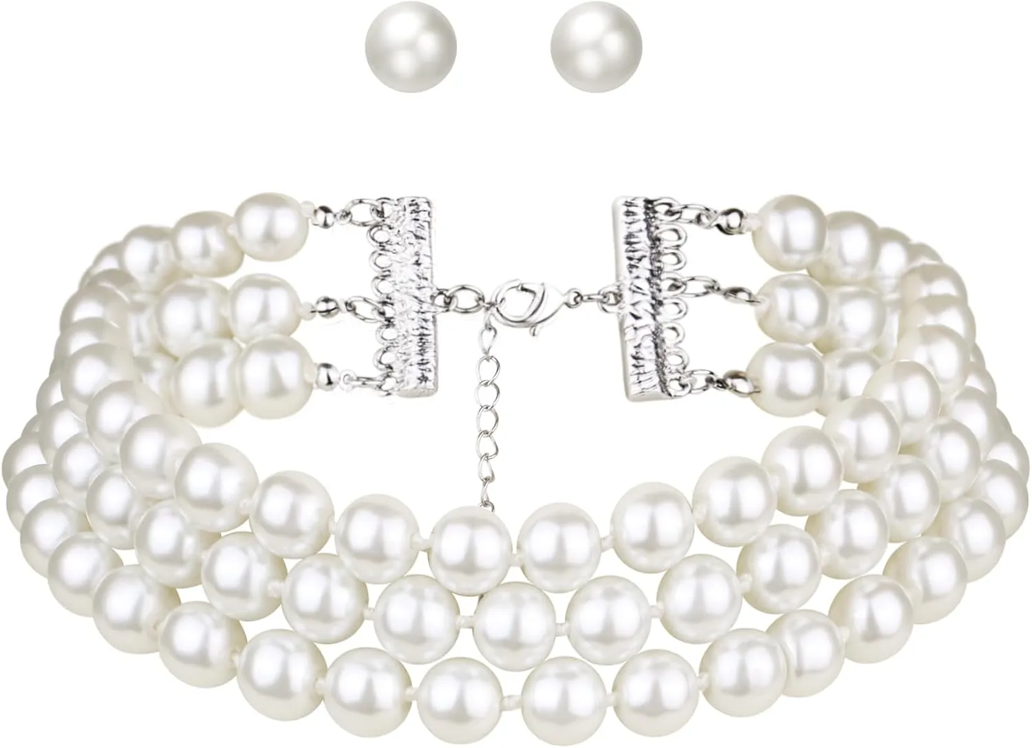 Flyonce 1920s Flapper Pearl Necklace Set, Great Gatsby Multi Strand Necklaces with Earrings Sets, 10MM Simulated Pearls Choker Costume Jewelry for Halloween