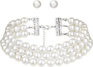 Flyonce 1920s Flapper Pearl Necklace Set, Great Gatsby Multi Strand Necklaces with Earrings Sets, 10MM Simulated Pearls Choker Costume Jewelry for Halloween