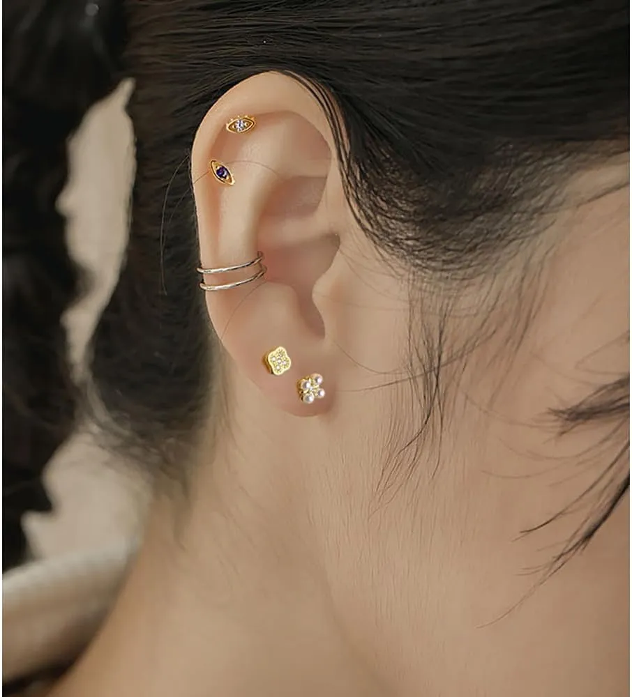 Four Leaf Clover Pearl Stud Earrings for Women Small S925 Sterling Silver Cartilage Conch Helix Tragus Piercing Jewelry Dainty Screw Back Earrings Studs Fashion Ear Jewelry