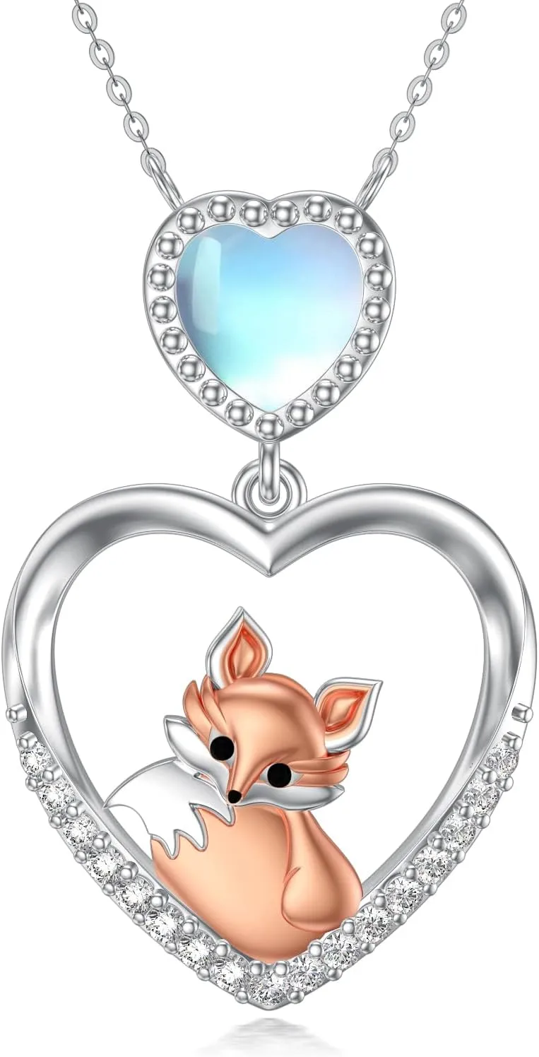 Fox Necklace for Women 925 Sterling Silver Diamond/Moonstone Pendant Jewelry Gift for Wife Mom Daughter Her