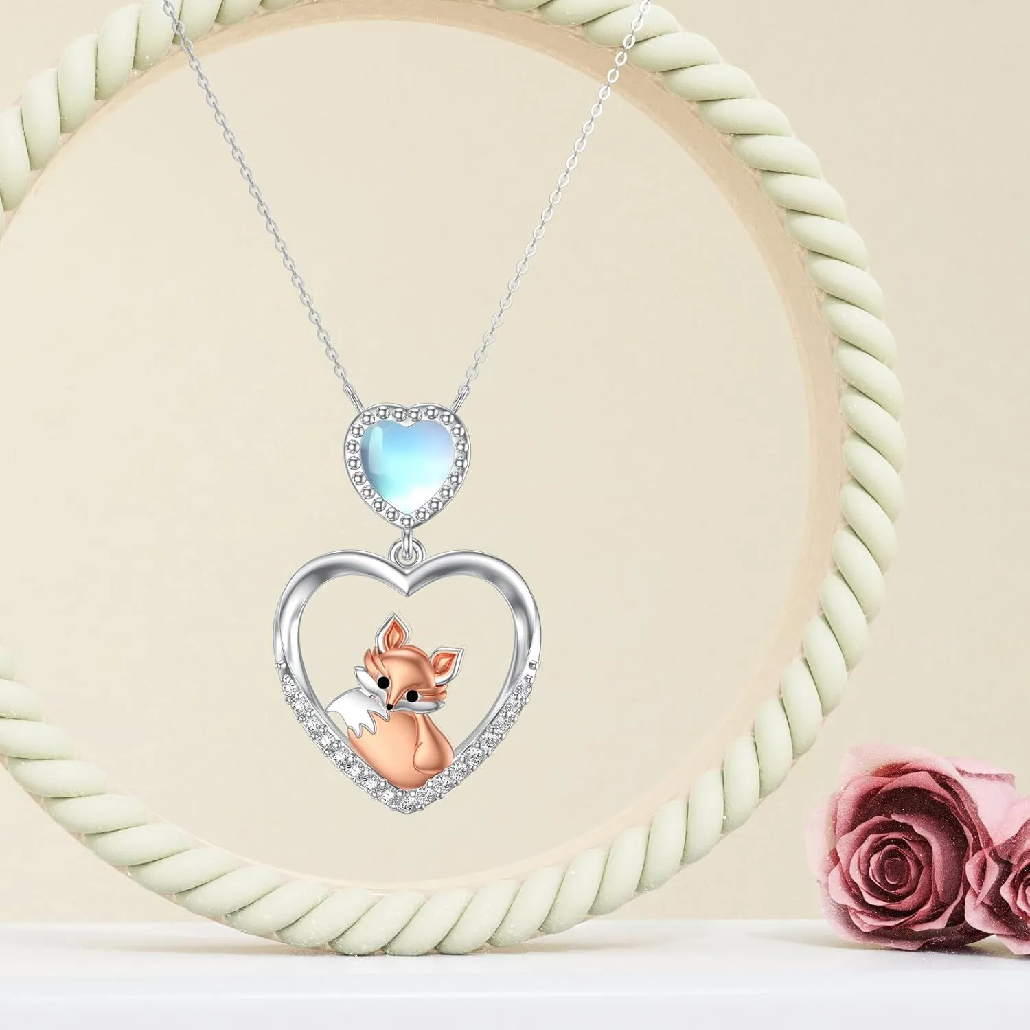 Fox Necklace for Women 925 Sterling Silver Diamond/Moonstone Pendant Jewelry Gift for Wife Mom Daughter Her