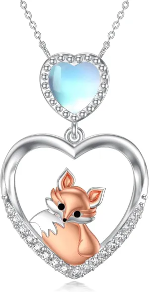 Fox Necklace for Women 925 Sterling Silver Diamond/Moonstone Pendant Jewelry Gift for Wife Mom Daughter Her