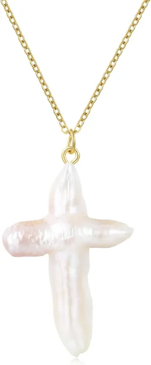 Freshwater Pearl Cross Necklace Women Dainty Single Baroque Pearl Pendant Fresh Water Pearl Necklace Gold