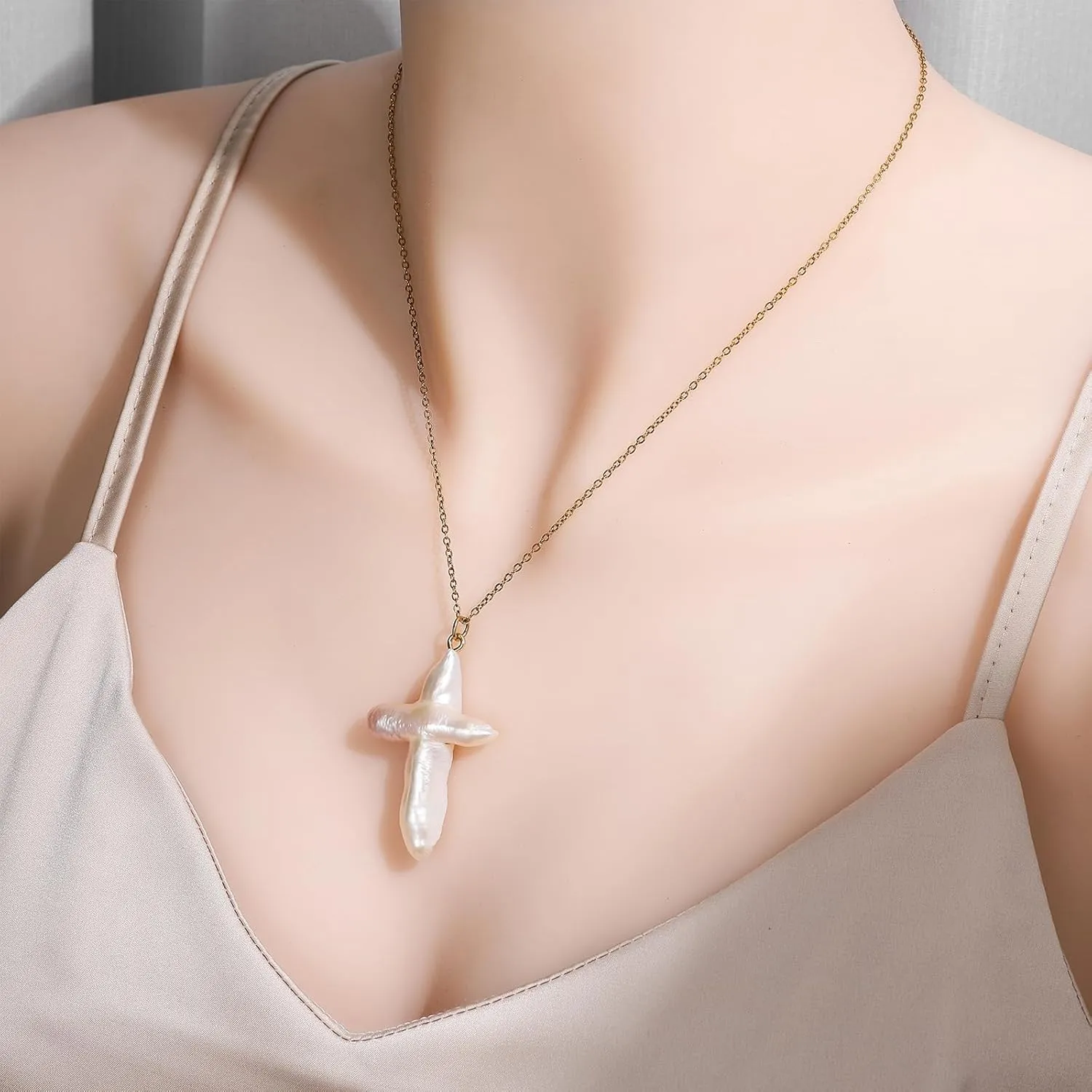 Freshwater Pearl Cross Necklace Women Dainty Single Baroque Pearl Pendant Fresh Water Pearl Necklace Gold