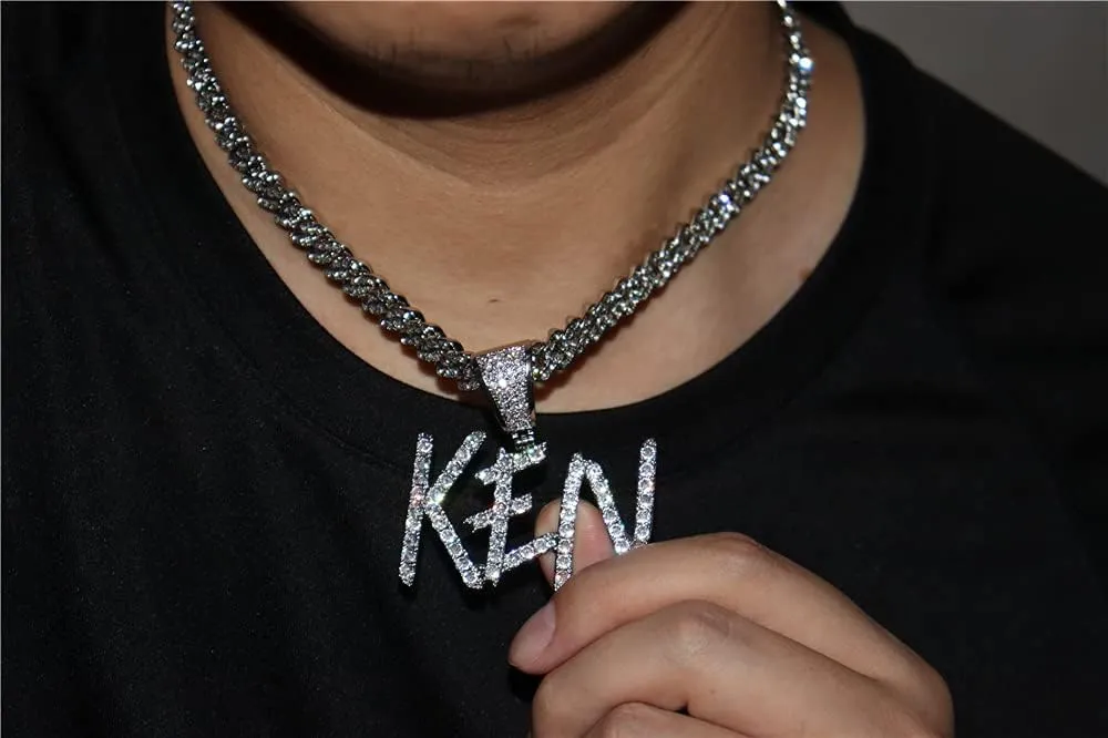 Full Iced Out Personalized Initial Bubble Letter Pendant Custom Cursive Name Necklace Diamond Cuban Chain Script Front Nameplate Choker