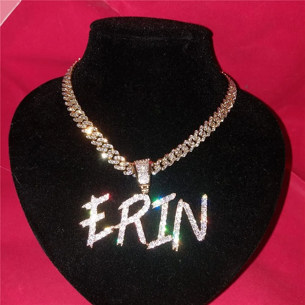 Full Iced Out Personalized Initial Bubble Letter Pendant Custom Cursive Name Necklace Diamond Cuban Chain Script Front Nameplate Choker