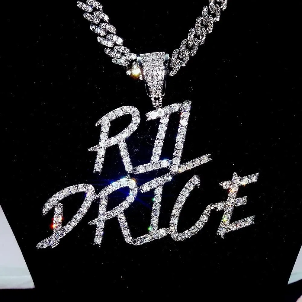 Full Iced Out Personalized Initial Bubble Letter Pendant Custom Cursive Name Necklace Diamond Cuban Chain Script Front Nameplate Choker
