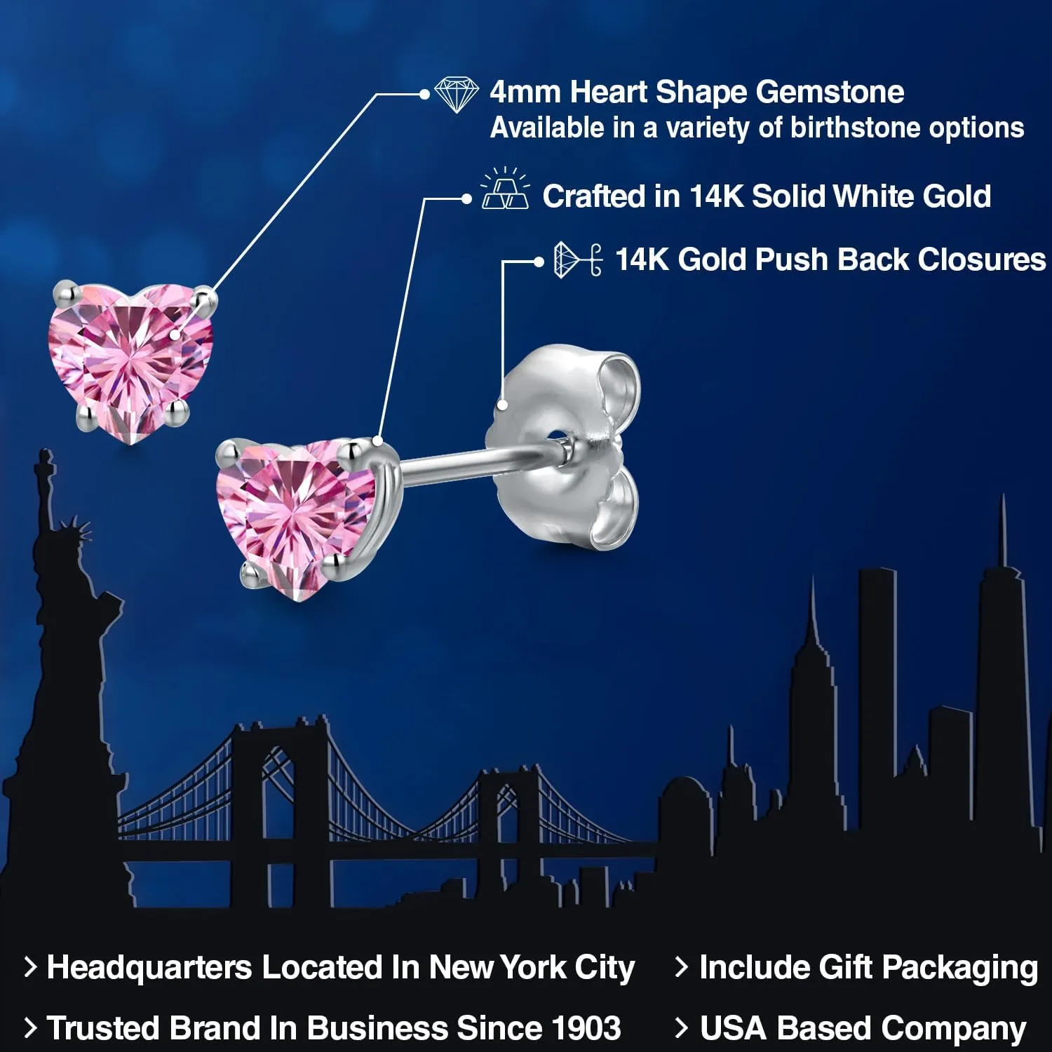Gem Stone King 14K White Gold Heart Shape 4MM Gemstone Stud Earrings For Women | Gold Earrings For Women | Fine Jewelry Gifts for Her Mom Women Wife