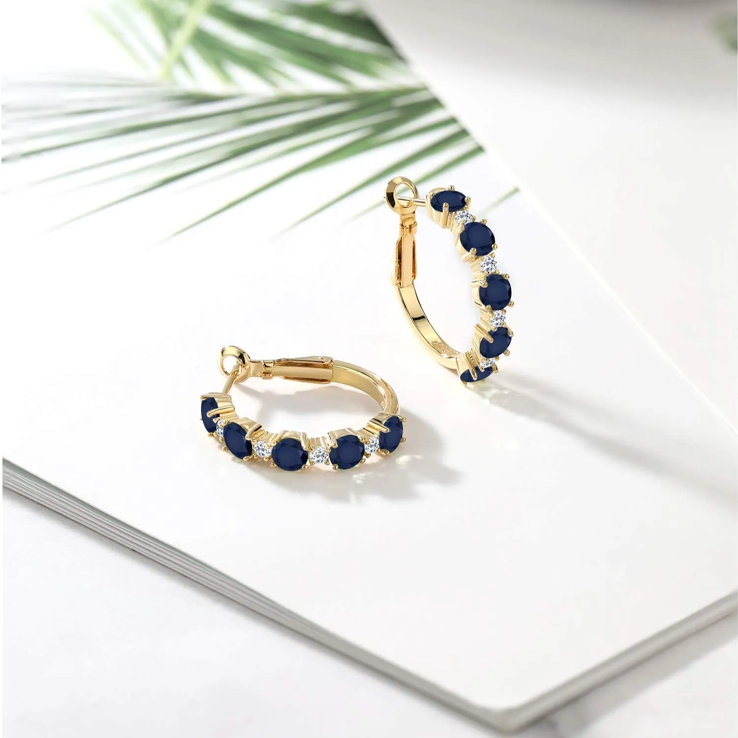 Gem Stone King 18K Yellow Gold Plated Silver Gemstone Birthstone and White Topaz Hoop Earrings for Women | Round Cut 4MM and 1.9MM Stones | 1 Inch Diameter Hoops | Fine Jewelry for Her Mom Wife Women