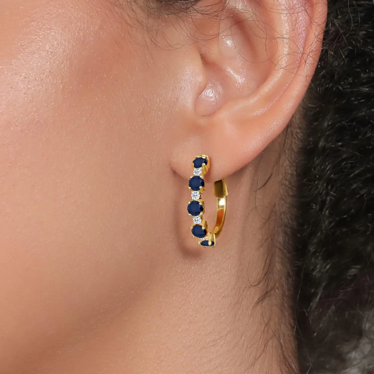 Gem Stone King 18K Yellow Gold Plated Silver Gemstone Birthstone and White Topaz Hoop Earrings for Women | Round Cut 4MM and 1.9MM Stones | 1 Inch Diameter Hoops | Fine Jewelry for Her Mom Wife Women