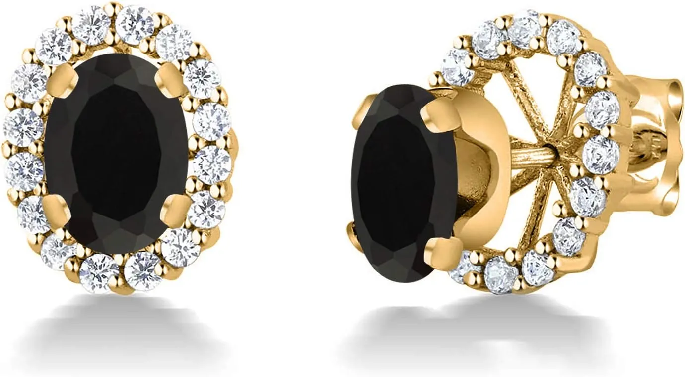 Gem Stone King 18K Yellow Gold Plated Silver Oval Black Onyx Removable Jacket Stud Earrings For Women