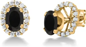 Gem Stone King 18K Yellow Gold Plated Silver Oval Black Onyx Removable Jacket Stud Earrings For Women