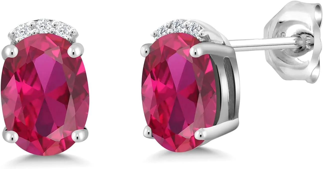 Gem Stone King 2.06 Cttw Oval Red Created Ruby and White Lab Grown Diamond 925 Sterling Silver Earrings For Women | Oval 7X5MM
