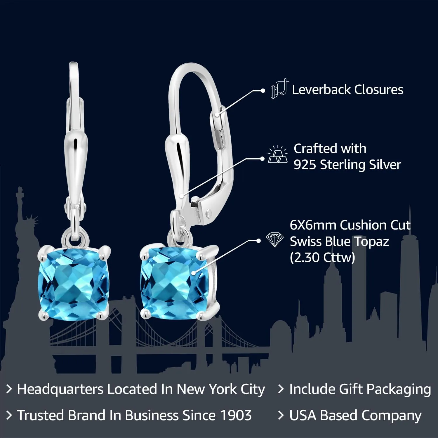 Gem Stone King 925 Sterling Silver 6MM Cushion Gemstone Birthstone Dangle Earrings For Women | Fine Jewelry Gifts for Her Mom Women Wife