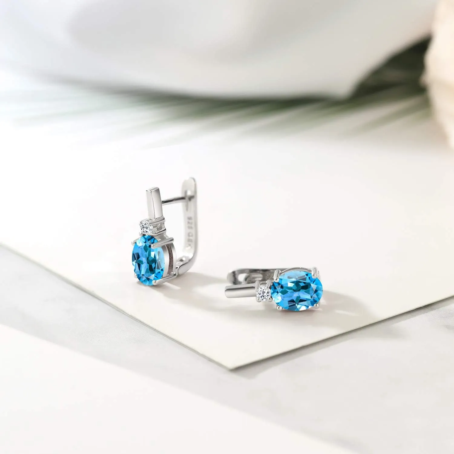 Gem Stone King 925 Sterling Silver 9X7MM Oval Gemstone Birthstone and 2.5MM White Topaz Earrings For Women | Fine Jewelry Gifts for Her Mom Women Wife