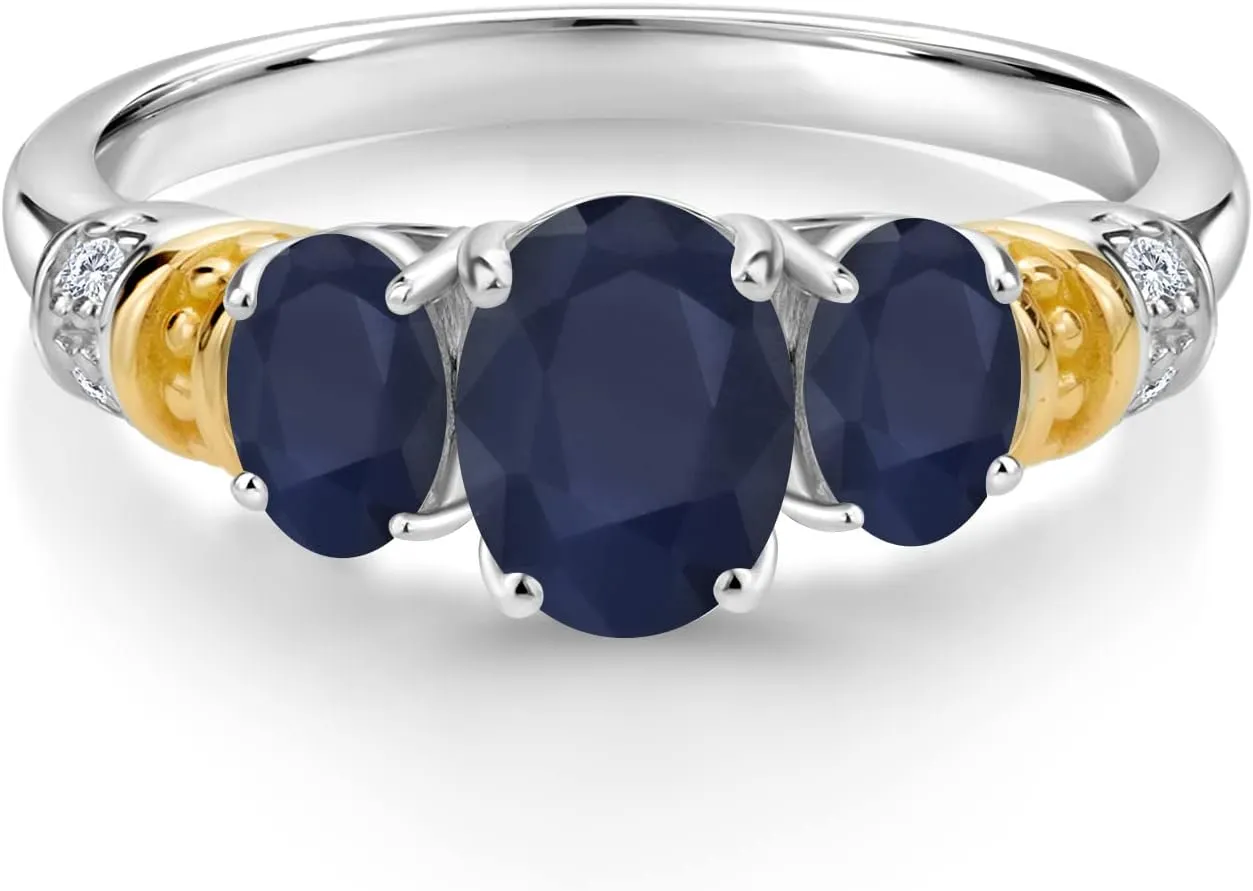 Gem Stone King 925 Sterling Silver and 10K Yellow Gold Oval Blue Sapphire and White Diamond 3 Stone Ring For Women (2.94 Cttw, Gemstone September Birthstone, Available In Size 5, 6, 7, 8, 9)