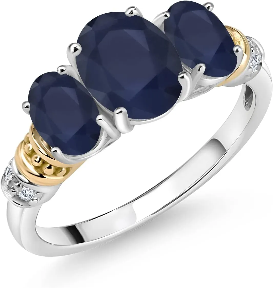 Gem Stone King 925 Sterling Silver and 10K Yellow Gold Oval Blue Sapphire and White Diamond 3 Stone Ring For Women (2.94 Cttw, Gemstone September Birthstone, Available In Size 5, 6, 7, 8, 9)