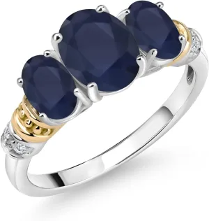 Gem Stone King 925 Sterling Silver and 10K Yellow Gold Oval Blue Sapphire and White Diamond 3 Stone Ring For Women (2.94 Cttw, Gemstone September Birthstone, Available In Size 5, 6, 7, 8, 9)