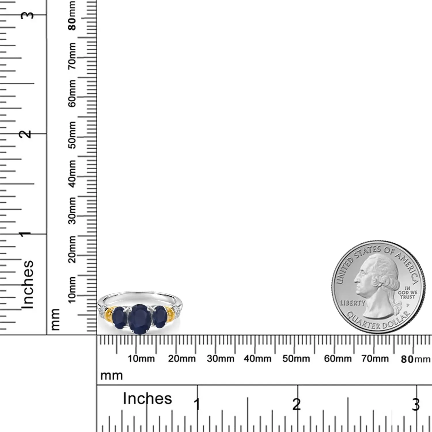 Gem Stone King 925 Sterling Silver and 10K Yellow Gold Oval Blue Sapphire and White Diamond 3 Stone Ring For Women (2.94 Cttw, Gemstone September Birthstone, Available In Size 5, 6, 7, 8, 9)