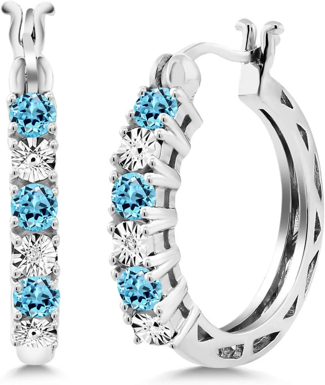 Gem Stone King 925 Sterling Silver Round Swiss Blue Topaz and White Lab Grown Diamond Hoop Earrings (0.91 Cttw, 22MM = 0.85 Inches Diameter)