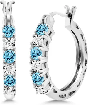 Gem Stone King 925 Sterling Silver Round Swiss Blue Topaz and White Lab Grown Diamond Hoop Earrings (0.91 Cttw, 22MM = 0.85 Inches Diameter)