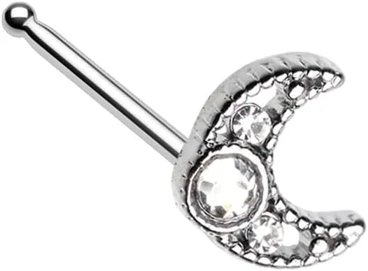 Gemmed Crescent Moon Nose Stud Ring