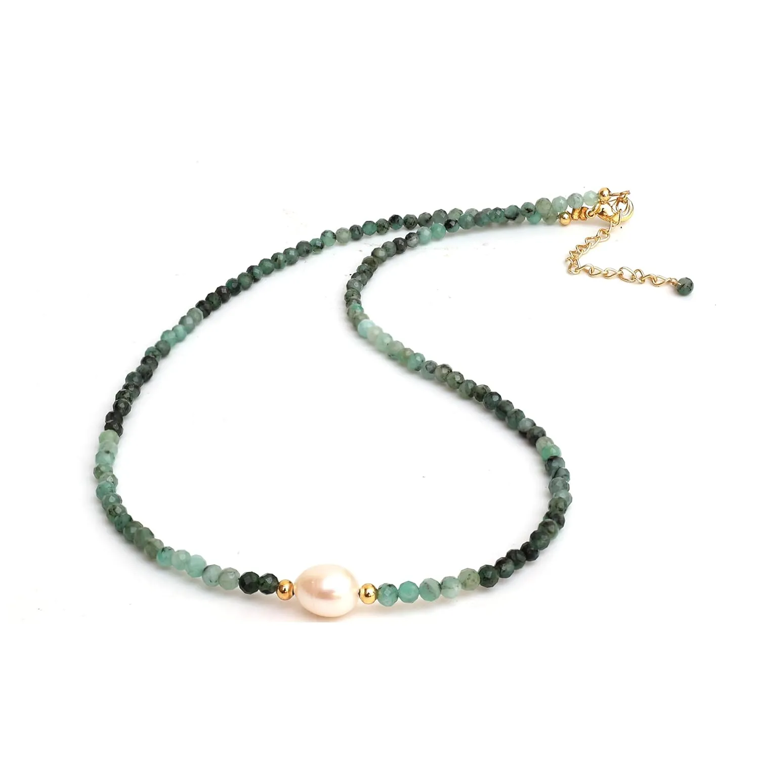 Gempires Emerald Beaded Necklace with Freshwater Pearl Handmade Jewelry May Birthstone Gemstone Gifts Hypoallergenic 18 Inch Gold Plated Statement Crystal Choker Necklaces