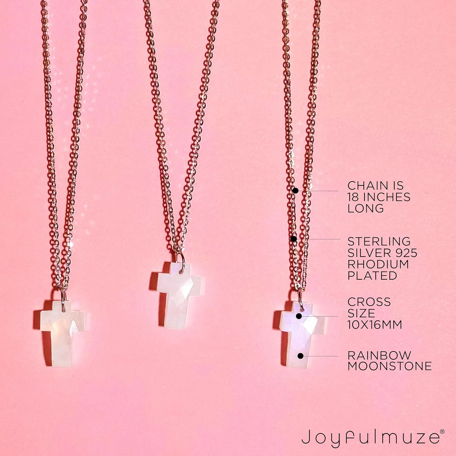 Genuine Rainbow Moonstone Pendant Cross, Unisex 925 Sterling Silver 18 Inch Chain, Stone 10x16mm, Handmade Religious Gift for Women and Men (moonstone)