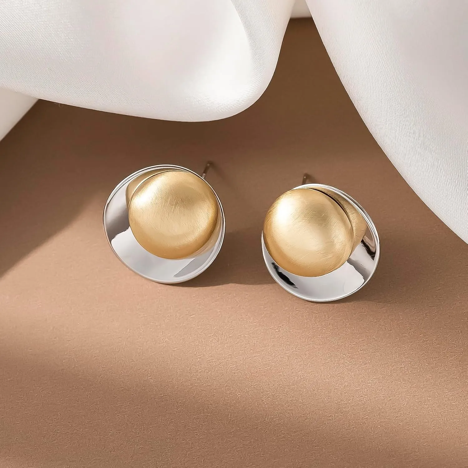 Geometric Chunky Stud Earrings for Women,Thick Brashed Matte Brass Metal Lightweight Dainty Trendy Statement Two-Tone Jewelry Earrings