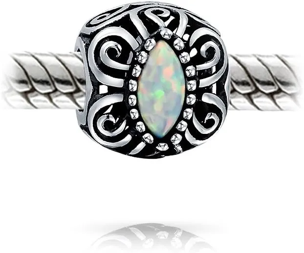 Geometric Pink White Blue Created Opal Inlay Barrel Scroll Milgrain BFF Heart Crown Irish Claddagh Charm Bead For Women Teen .925 Sterling Silver October Birthstone