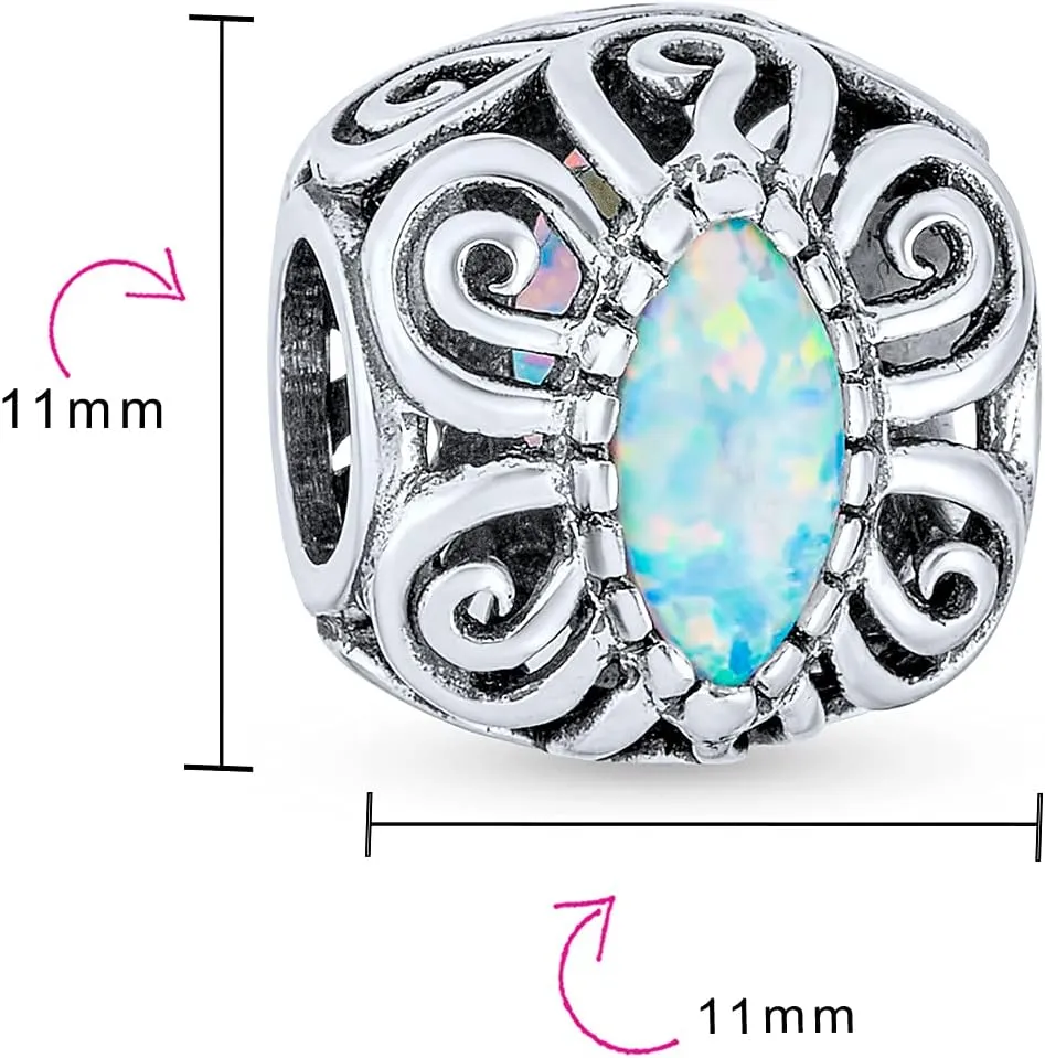 Geometric Pink White Blue Created Opal Inlay Barrel Scroll Milgrain BFF Heart Crown Irish Claddagh Charm Bead For Women Teen .925 Sterling Silver October Birthstone