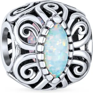 Geometric Pink White Blue Created Opal Inlay Barrel Scroll Milgrain BFF Heart Crown Irish Claddagh Charm Bead For Women Teen .925 Sterling Silver October Birthstone