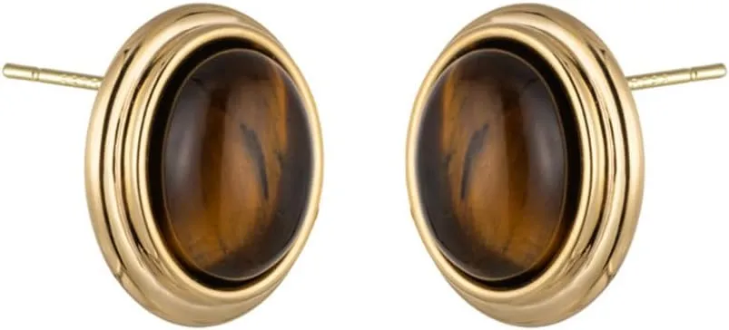 Geometry Oval Stud Earrings for Women S925 Sterling Silver Post Earrings Vintage Tiger Eye Stone Studs Earrings Hypoallergenic Ear Statement Fashion Jewelry