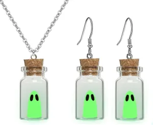 Ghost Earrings & Necklace, Adopt A Ghost In Vial Bottle Earrings Necklace, Glow In Dark Cute and Spooky Halloween Jewelry Set for Women and Men