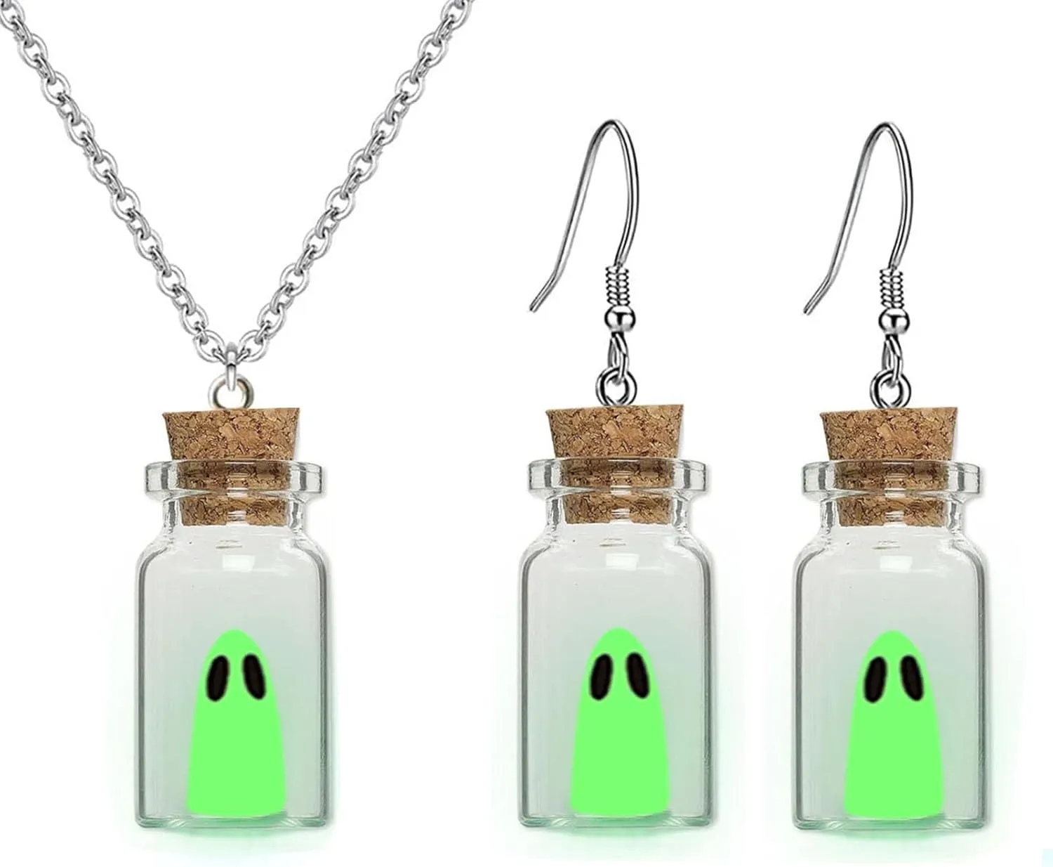 Ghost Earrings & Necklace, Adopt A Ghost In Vial Bottle Earrings Necklace, Glow In Dark Cute and Spooky Halloween Jewelry Set for Women and Men