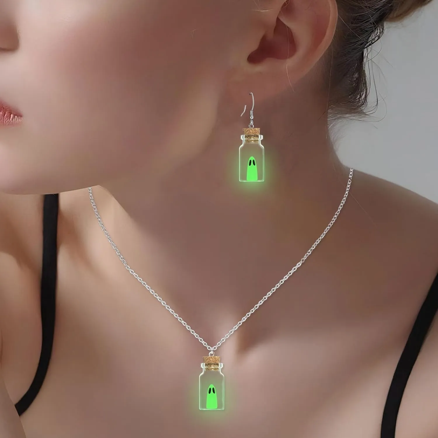 Ghost Earrings & Necklace, Adopt A Ghost In Vial Bottle Earrings Necklace, Glow In Dark Cute and Spooky Halloween Jewelry Set for Women and Men